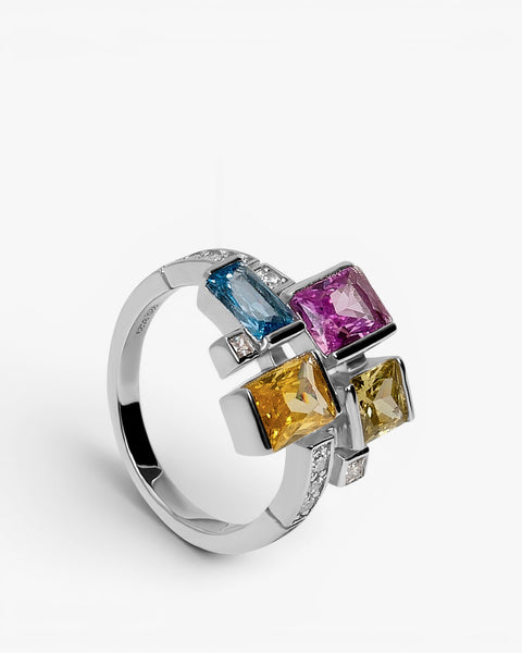 Rings with multicolored emerald-cut stones