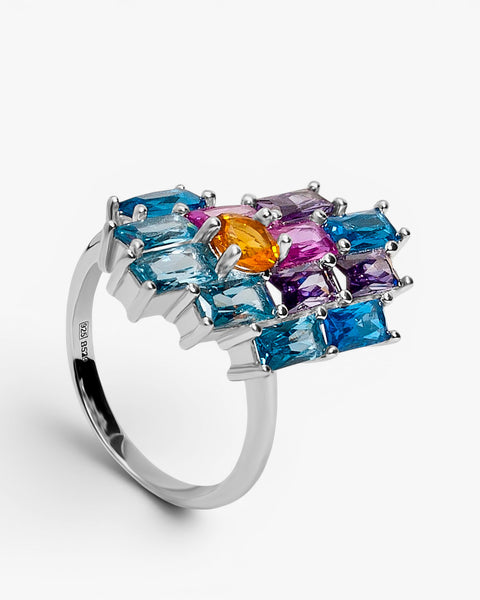 Rings with colorful stones in a geometric style