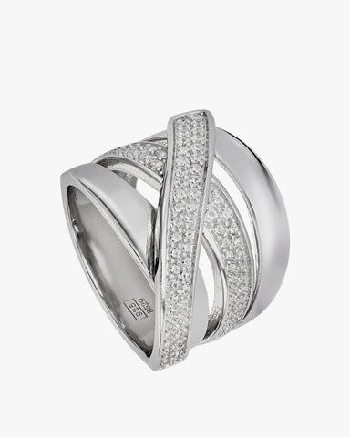 Anillos grandes de plata diseño cruzado y circonitas
