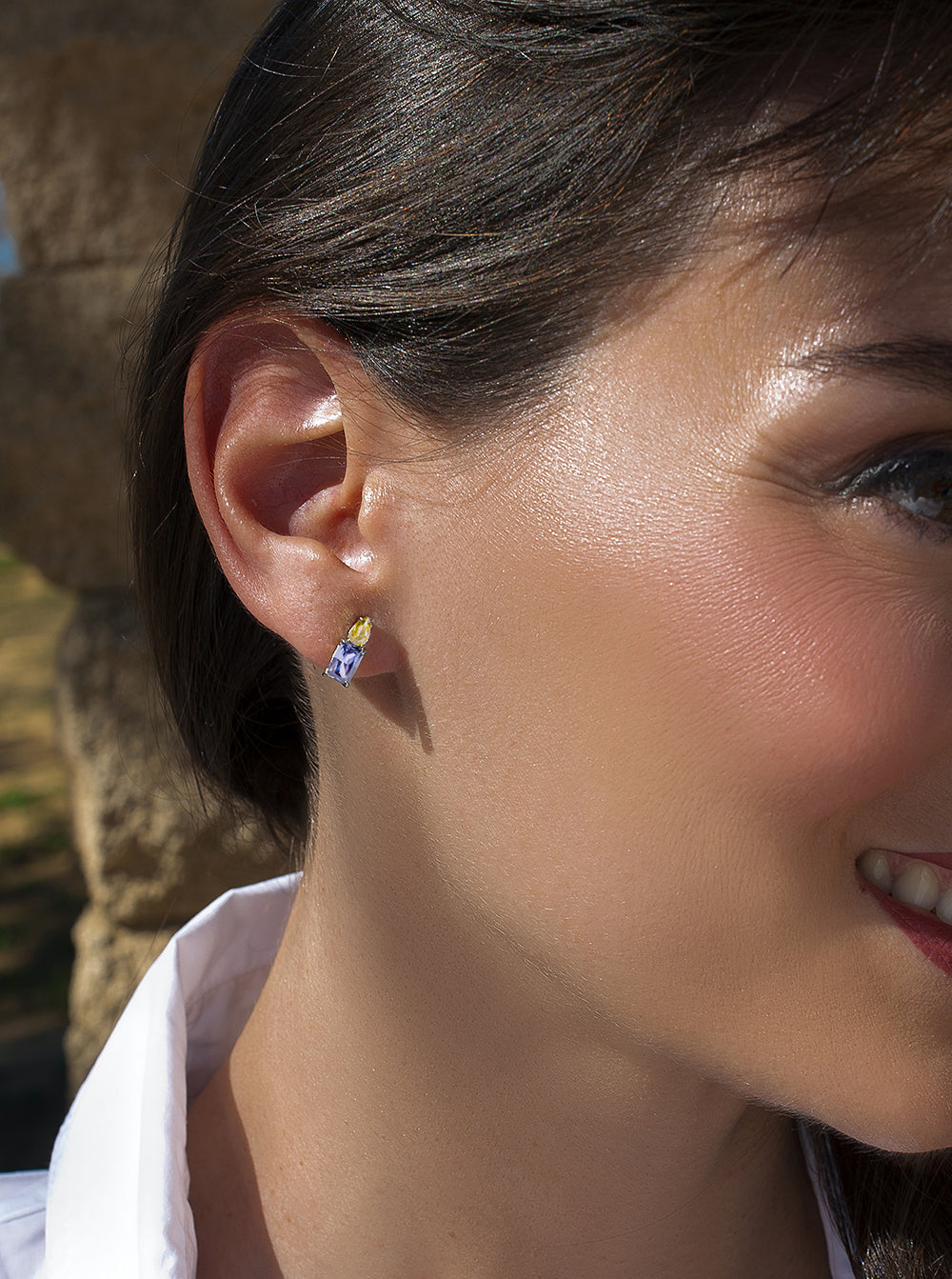 Small silver earrings with lavender and yellow gemstones