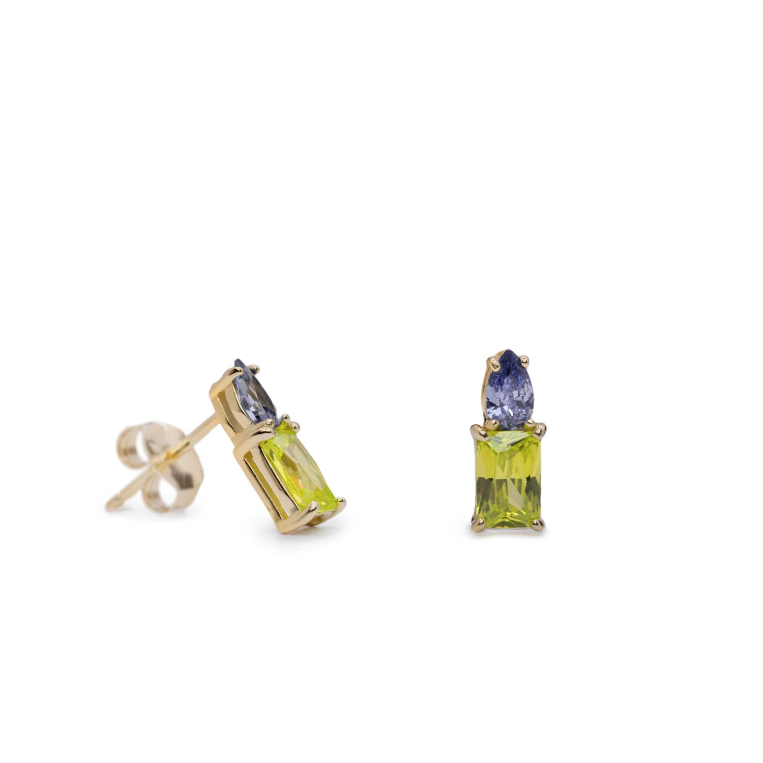 Pendientes pequeños con gemas tono lima y lavanda