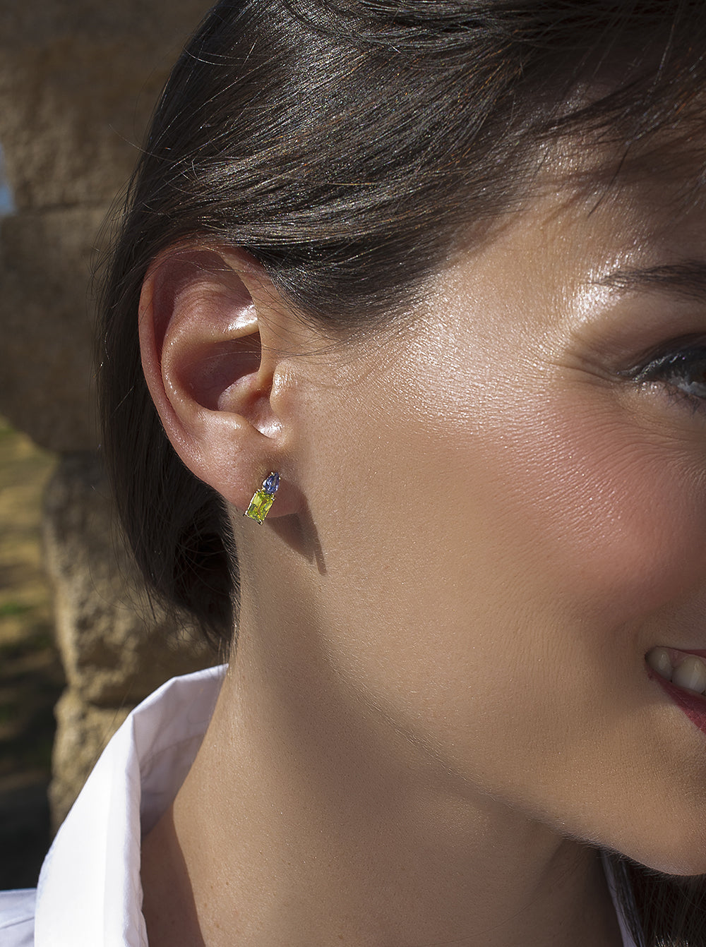 Small earrings with lime and lavender-toned gemstones