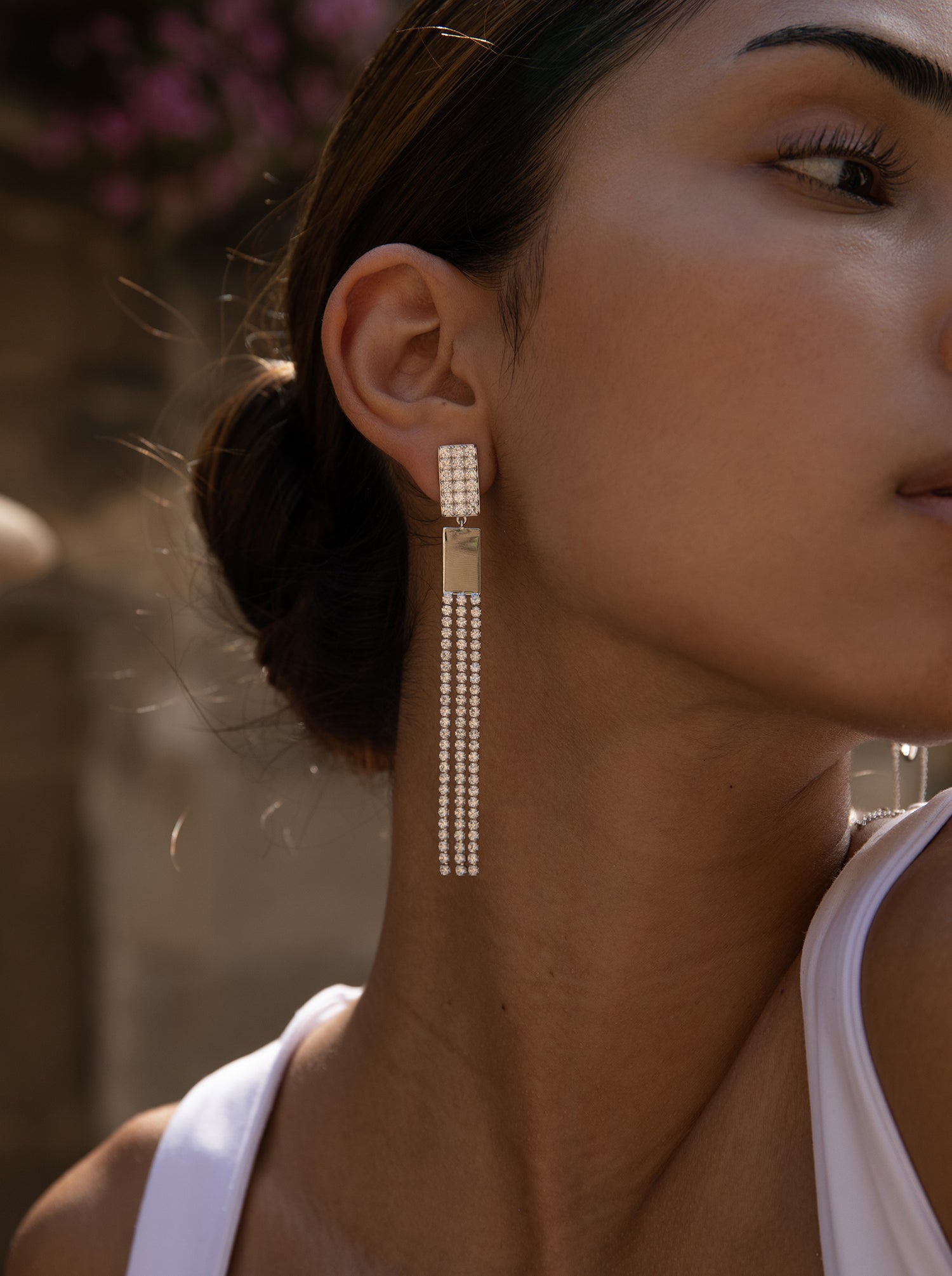 Boucles d'oreilles longs de argent avec tres tiras de zircons