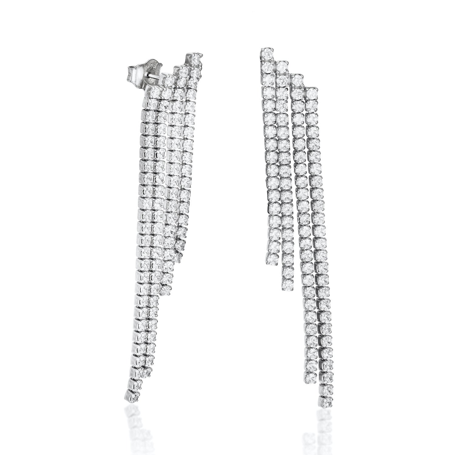 Long silver earrings with a design of four unequal strands of cubic zirconia