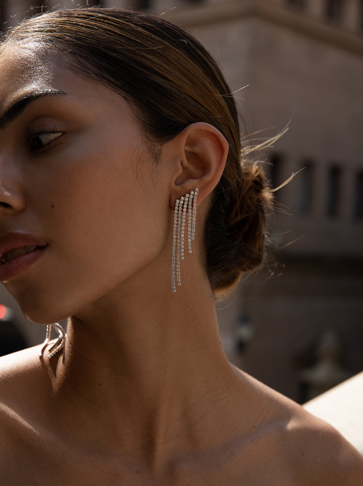 earrings long silver design four unequal strands of zirconias