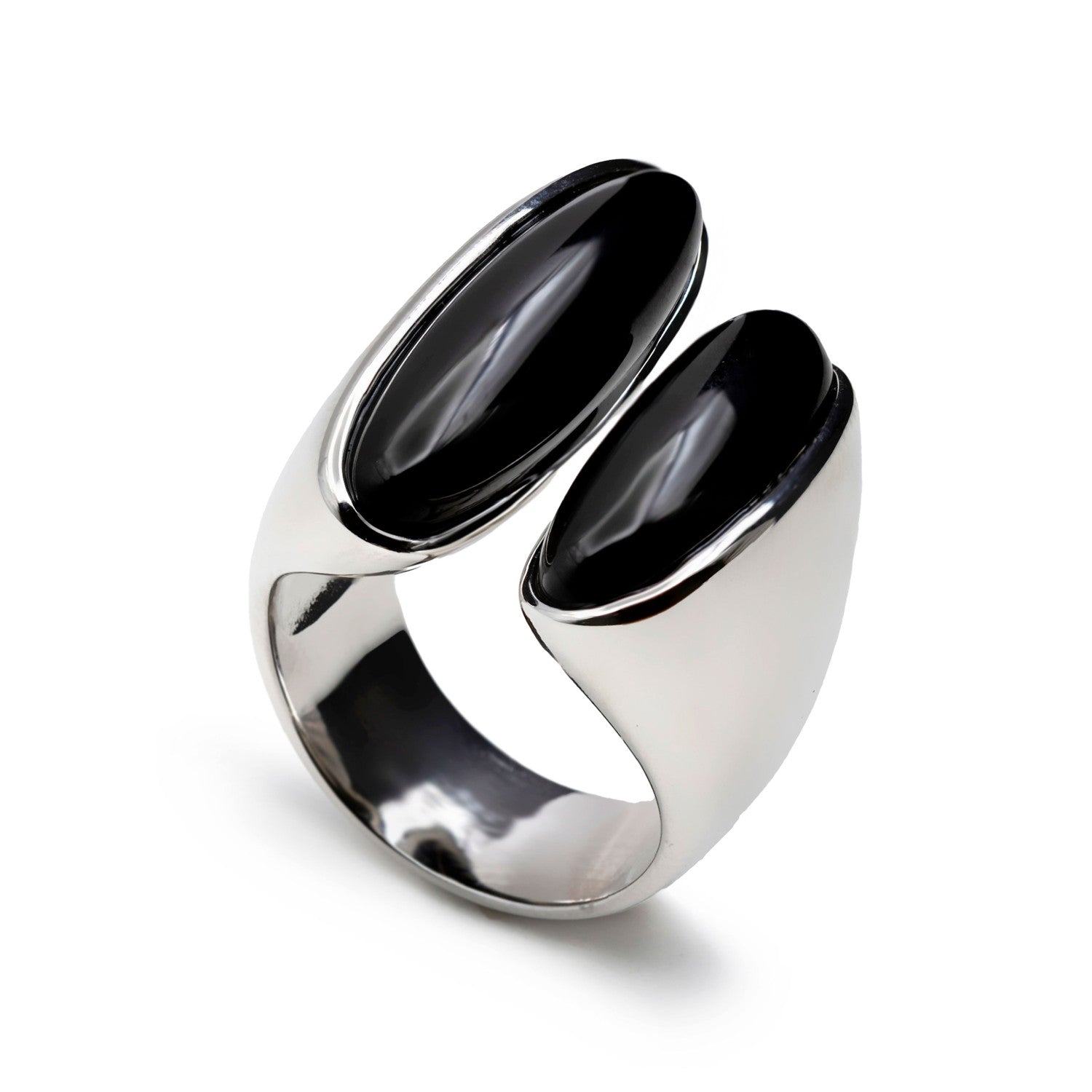 Open design silver ring with onyx stone