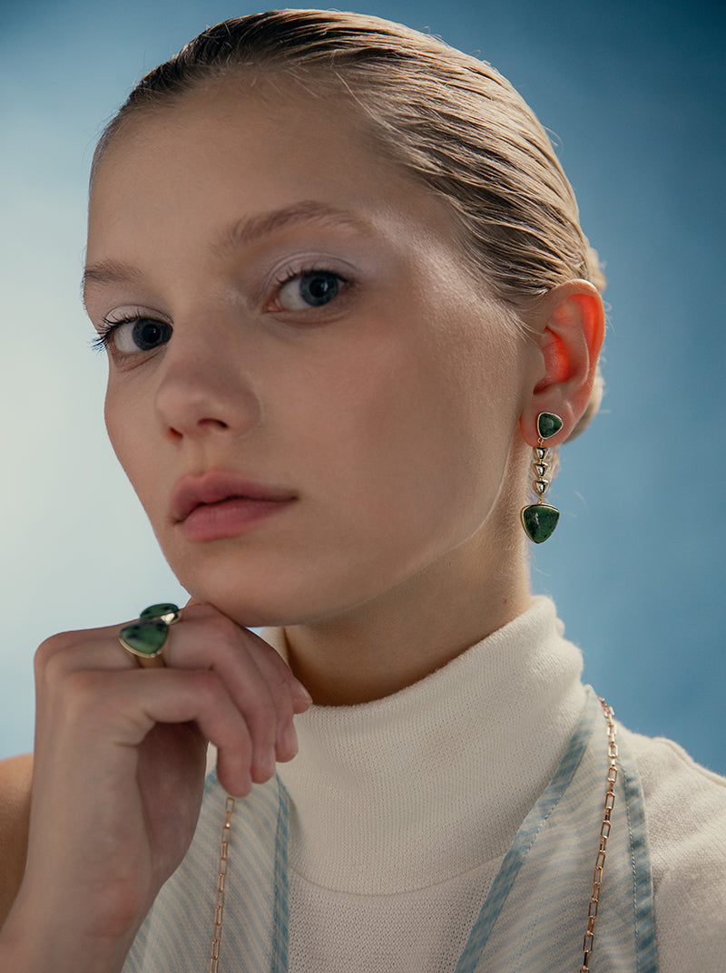 Earrings with labradolite stone in silver, irregular lengths