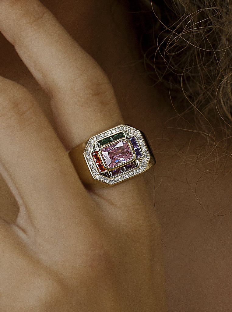 Rings with pink-toned stones with an emerald cut