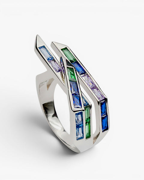 Ring with blue-toned stones in a geometric style