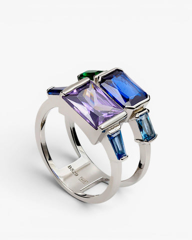 Anillo con piedras tonos azules diseño doble anillo