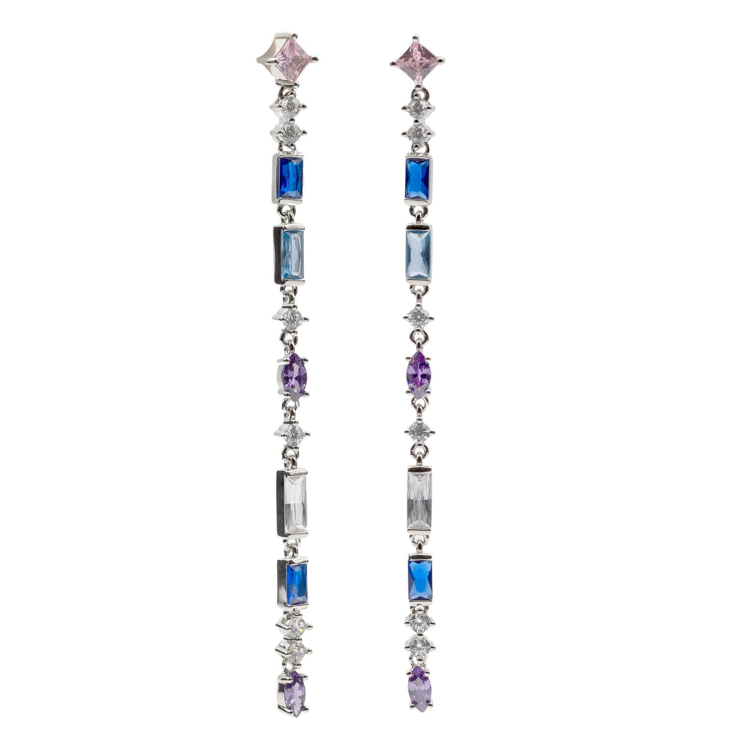 Long earrings with cool-toned colored stones