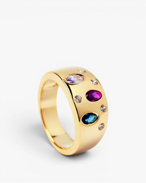 Gold-plated silver ring with multicolored gemstones