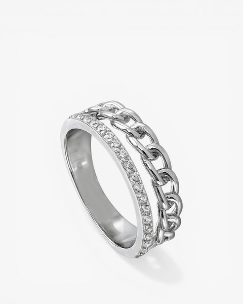 Anillo de plata doble rail en circonita y diseño eslabon
