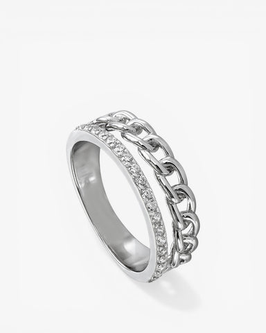 Anillo de plata doble rail en circonita y diseño eslabon