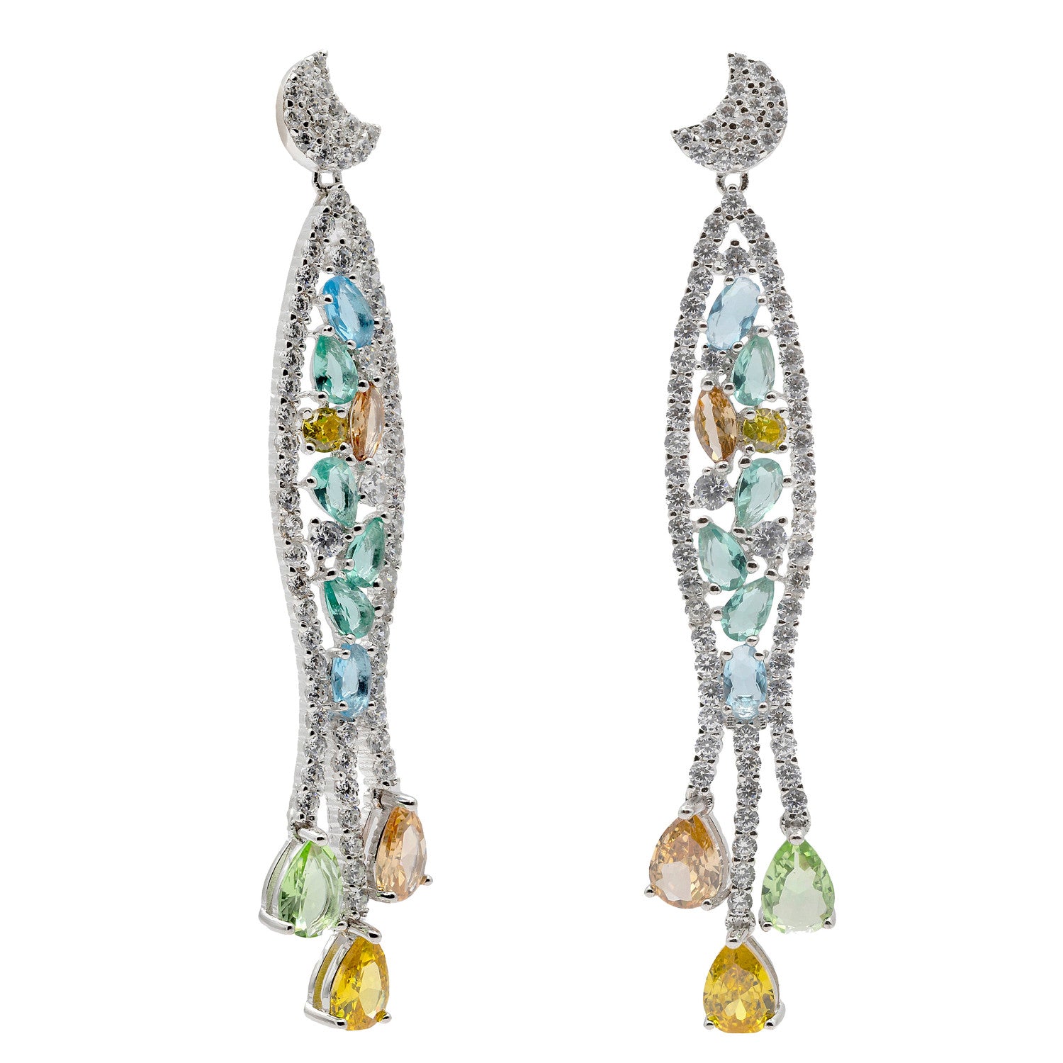 Long baroque-style earrings with stones in cool tones