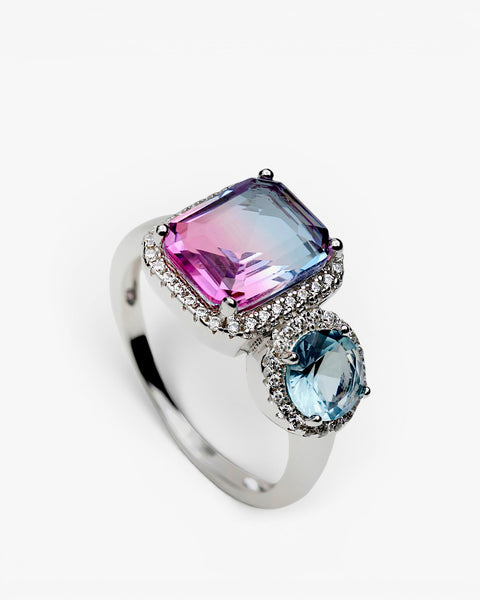 Rings with colored stones in shades of blue and pink