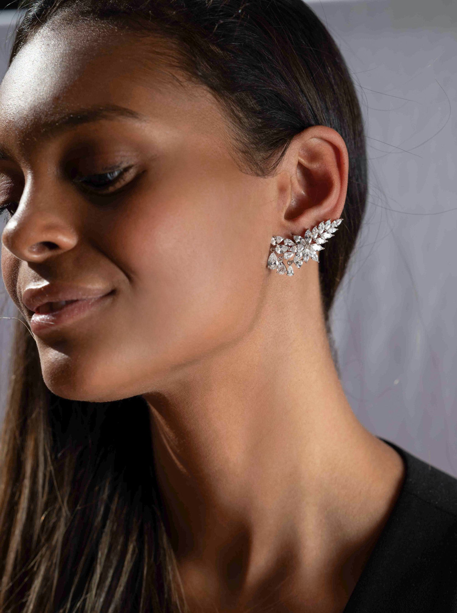 Floral style climber earring with cubic zirconia