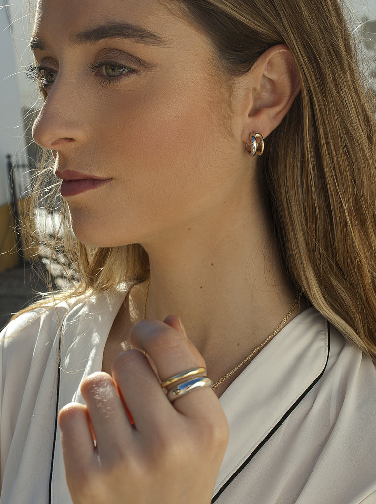 Pendientes aro mini bicolor en plata