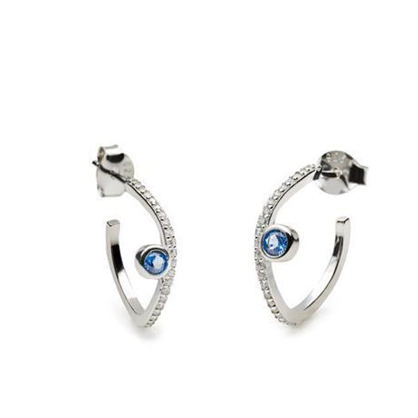 Pendientes de aro elegantes en plata con circonitas y piedra azul