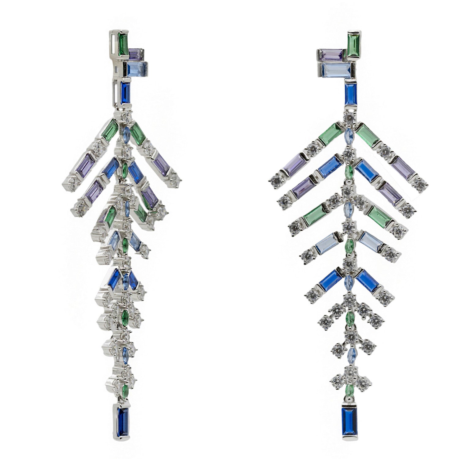 Long earrings with colorful leaf-shaped stones
