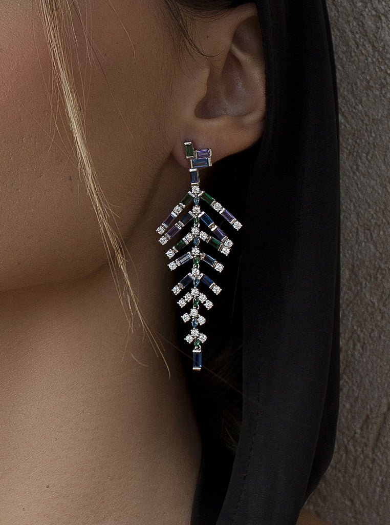 Long earrings with colorful leaf-shaped stones