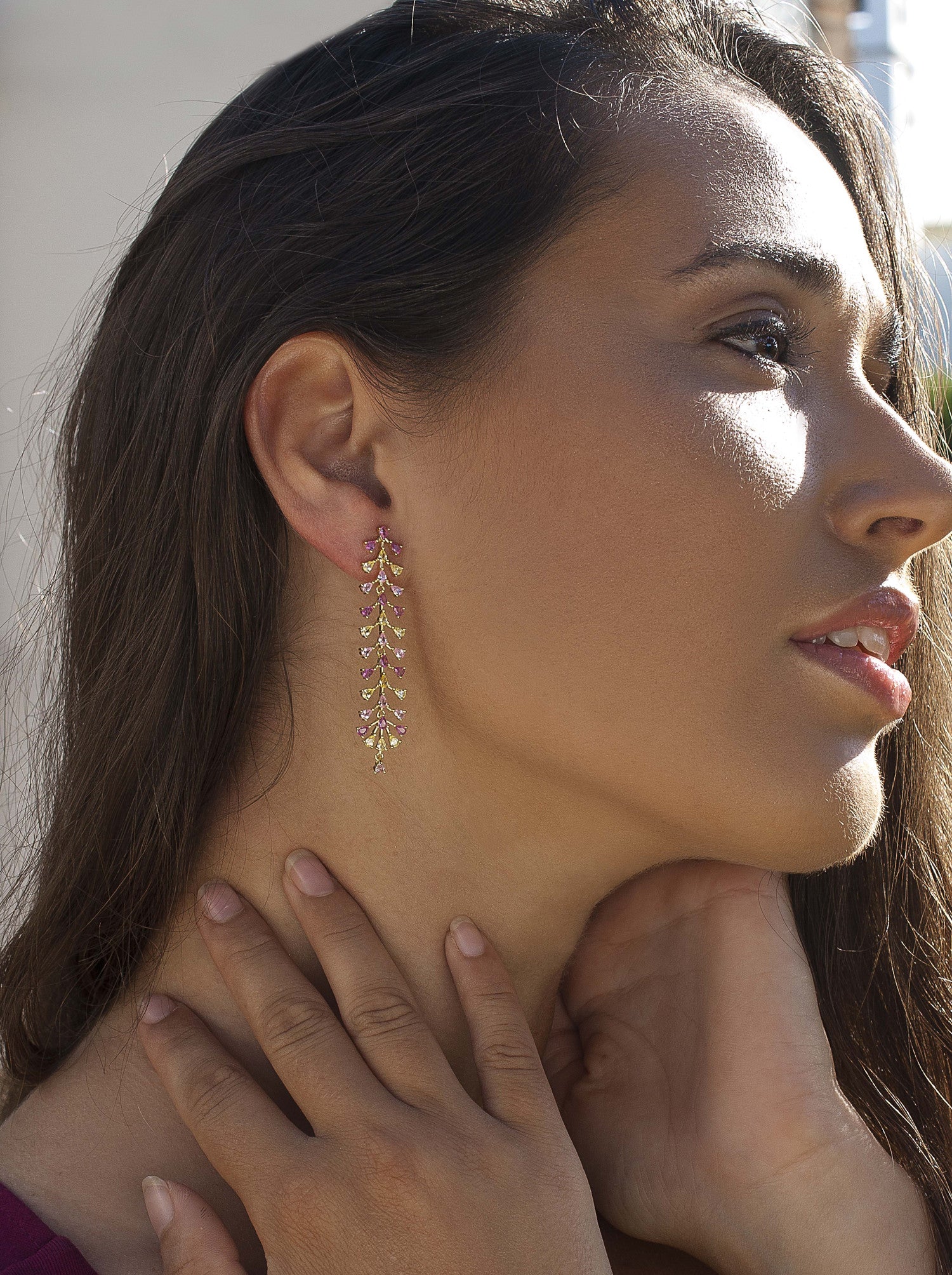Long earrings with pink and yellow stones