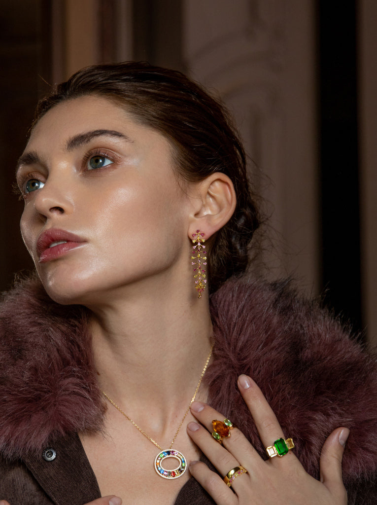 Long earrings with pink and yellow stones