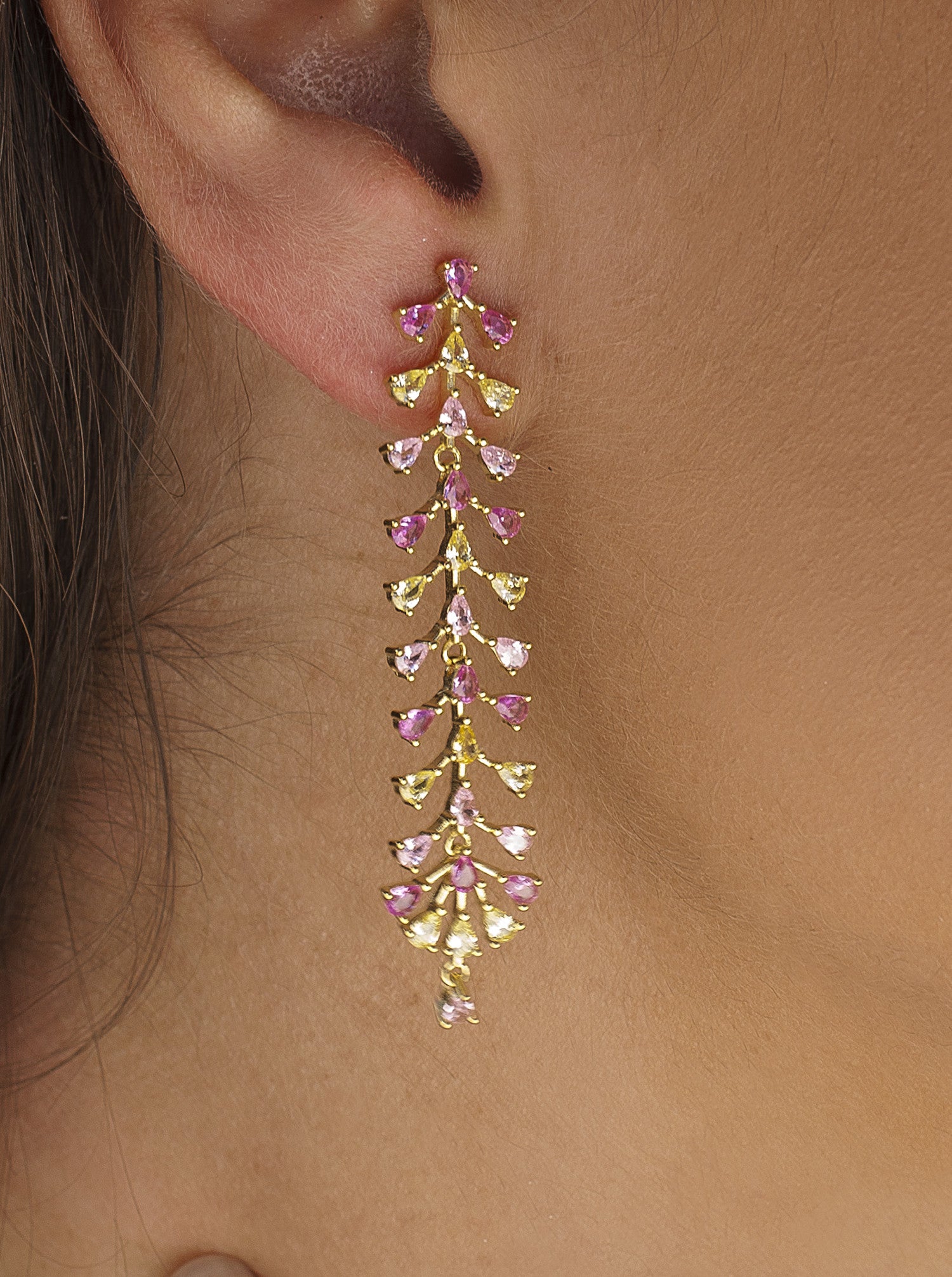 Long earrings with pink and yellow stones