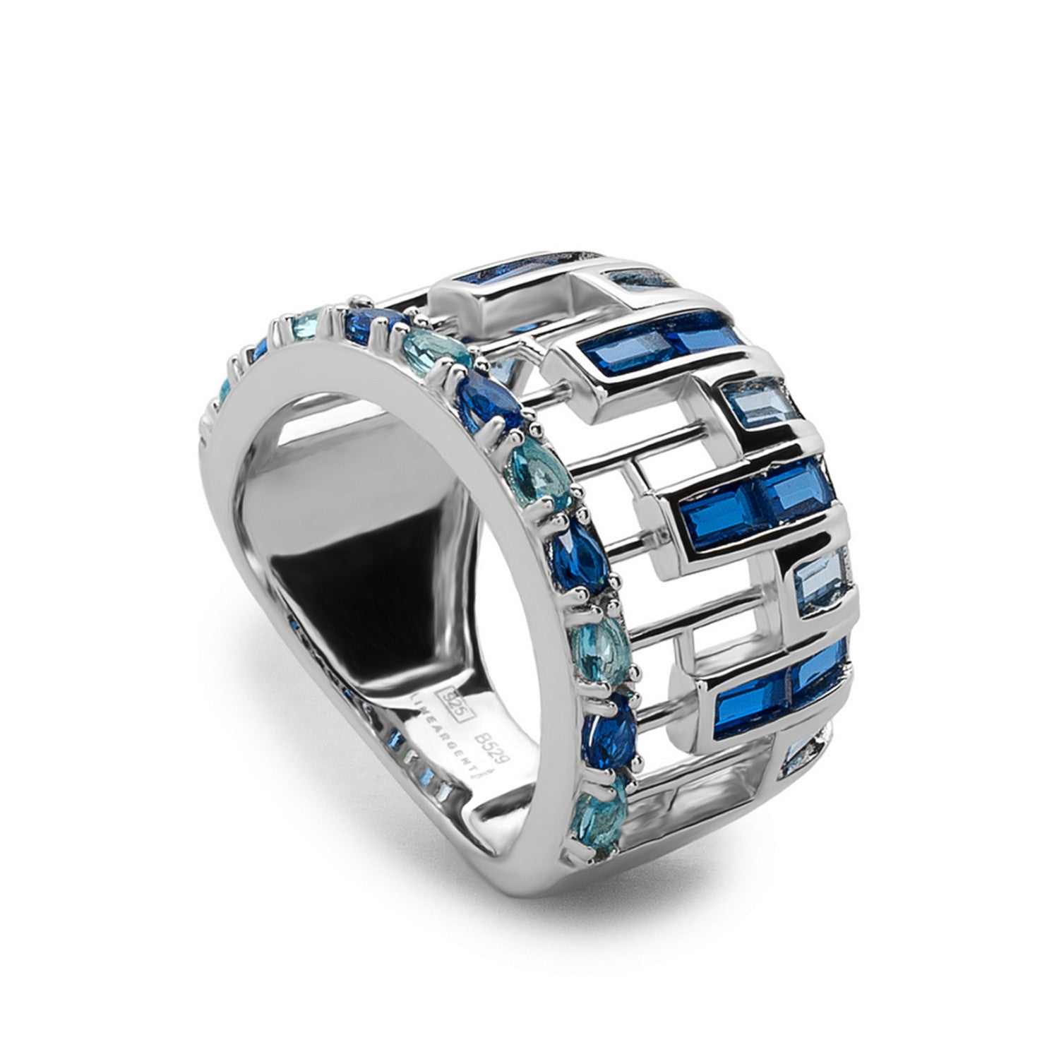 Rings with baguette-cut blue stones