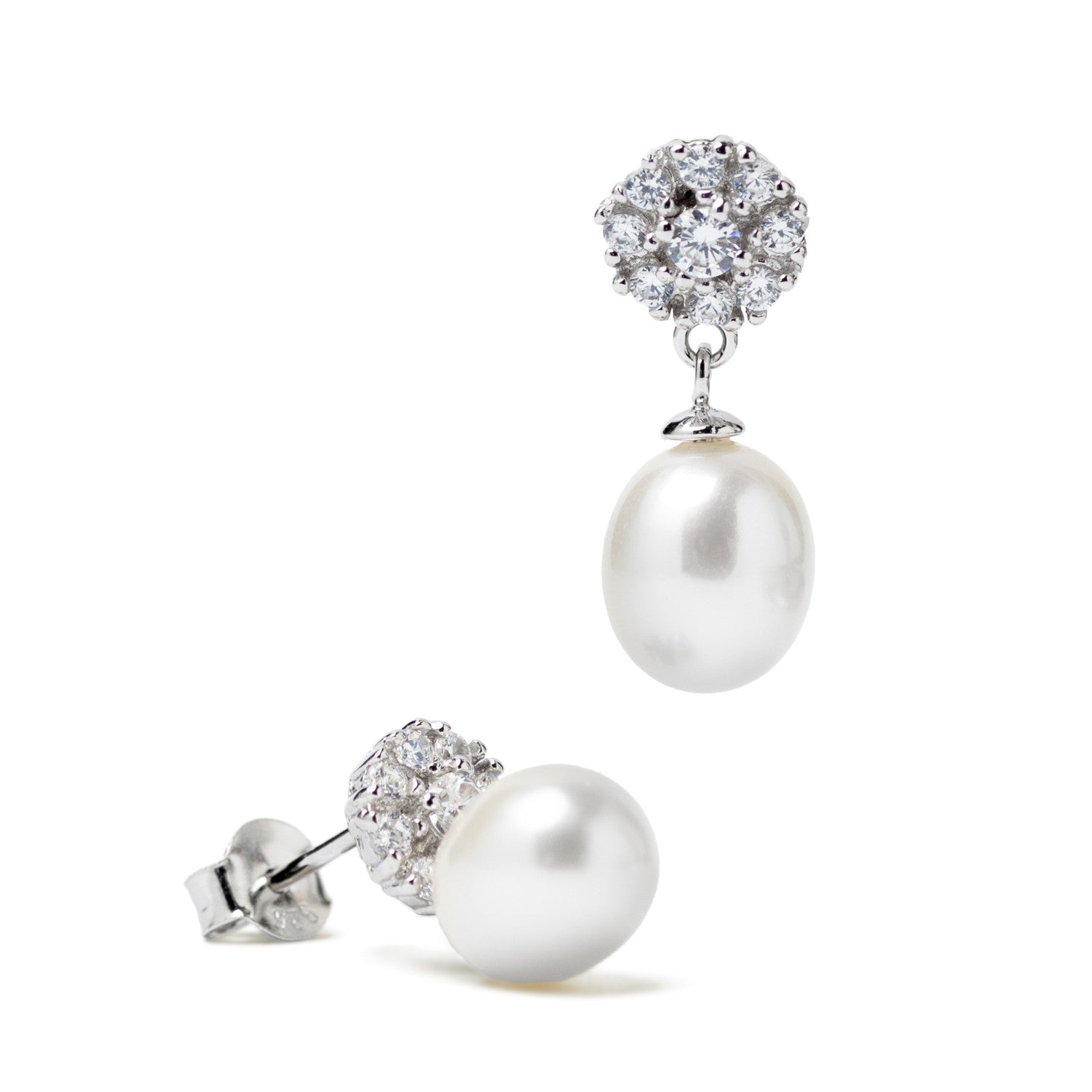 Pendientes de plata con perla blanca y circonitas