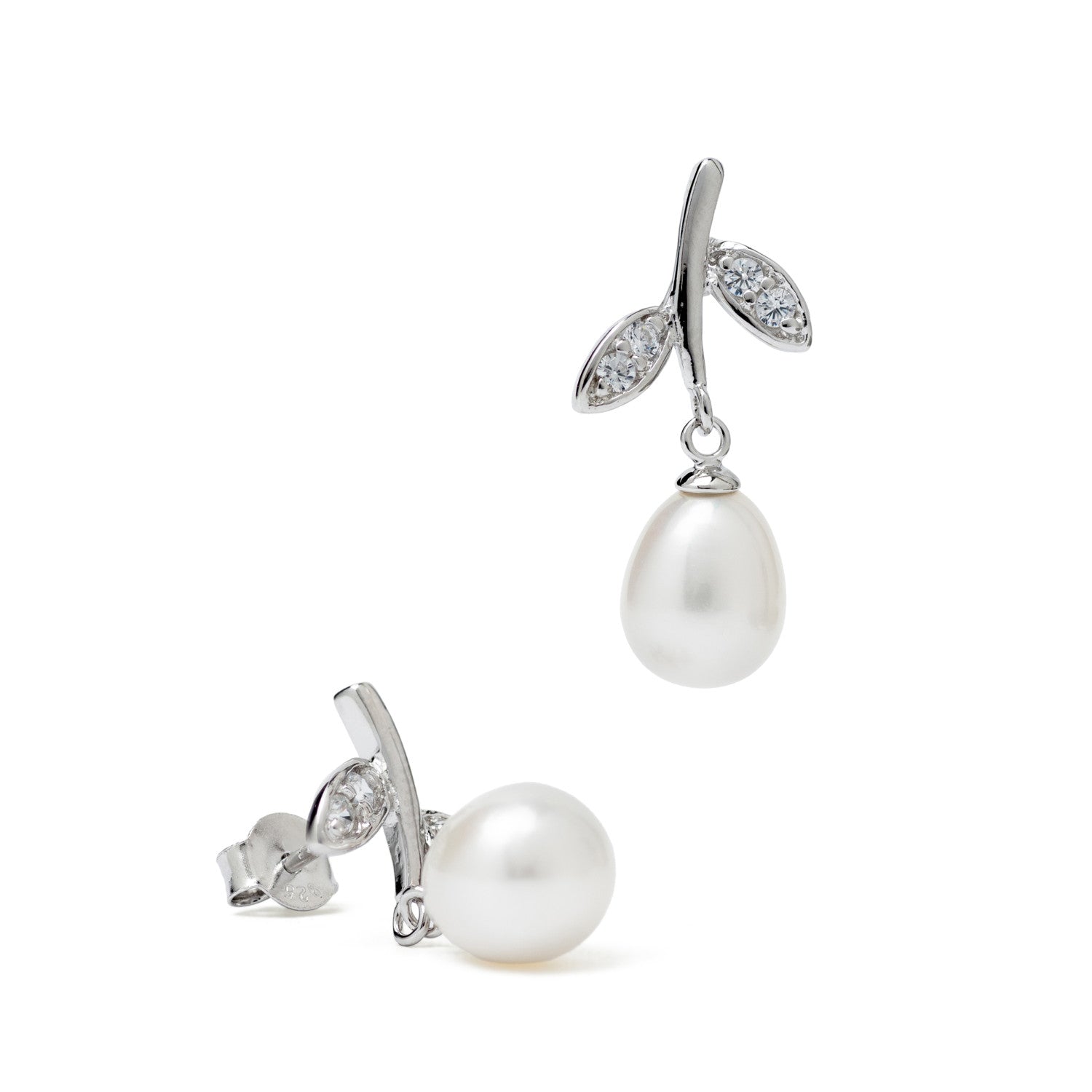 Pendientes de plata con perla blanca y hojas de circonitas