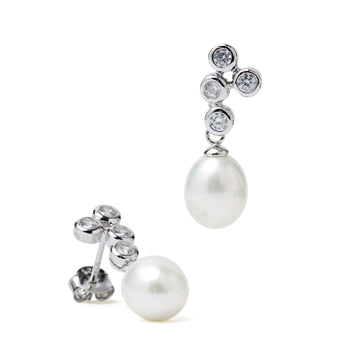 Pendientes de plata con perla blanca y circonitas en engaste redondo
