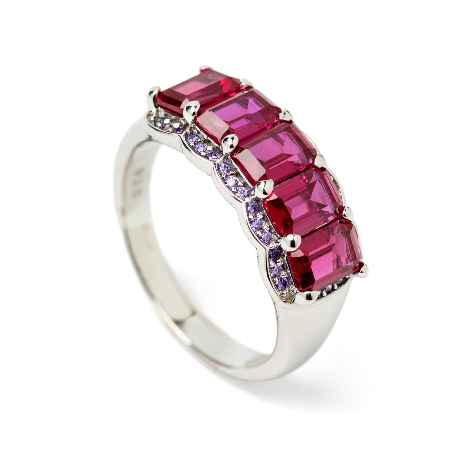 Rings with emerald-cut stones in a fuchsia tone