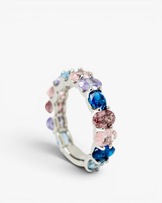 Rings with multicolored stones in shades of blue and pink