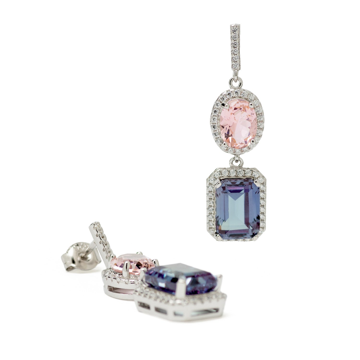 Earrings made with pink and hematite colored stones