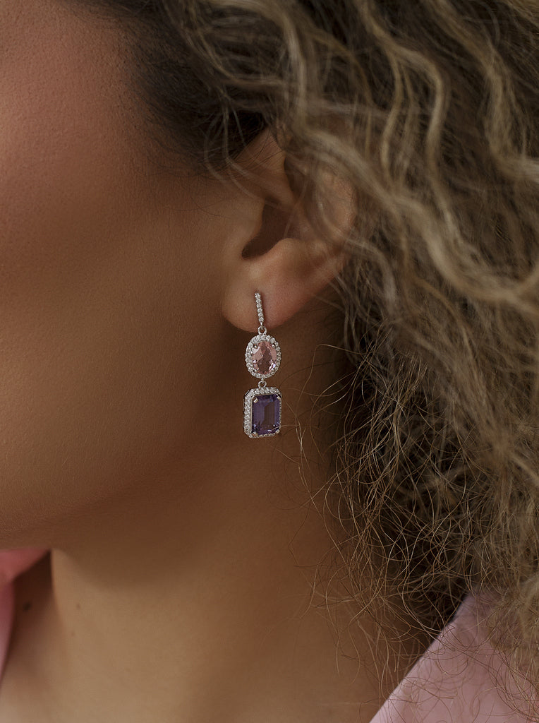 Earrings made with pink and hematite colored stones