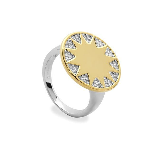 Anillo bicolor aro con colgante diseño solar con circonita