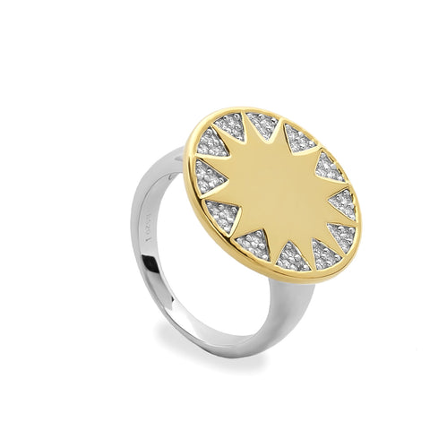 Anillo bicolor aro con colgante diseño solar con circonita