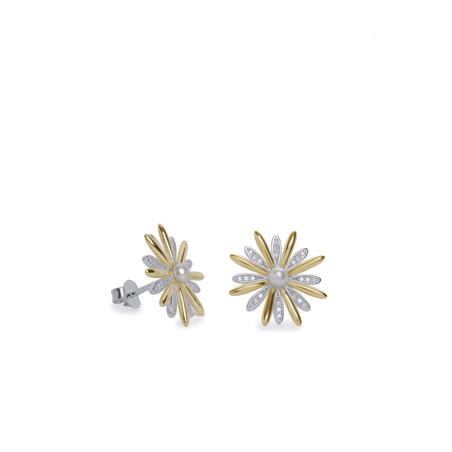 Boucles d'oreilles bicolores en argent avec motif floral