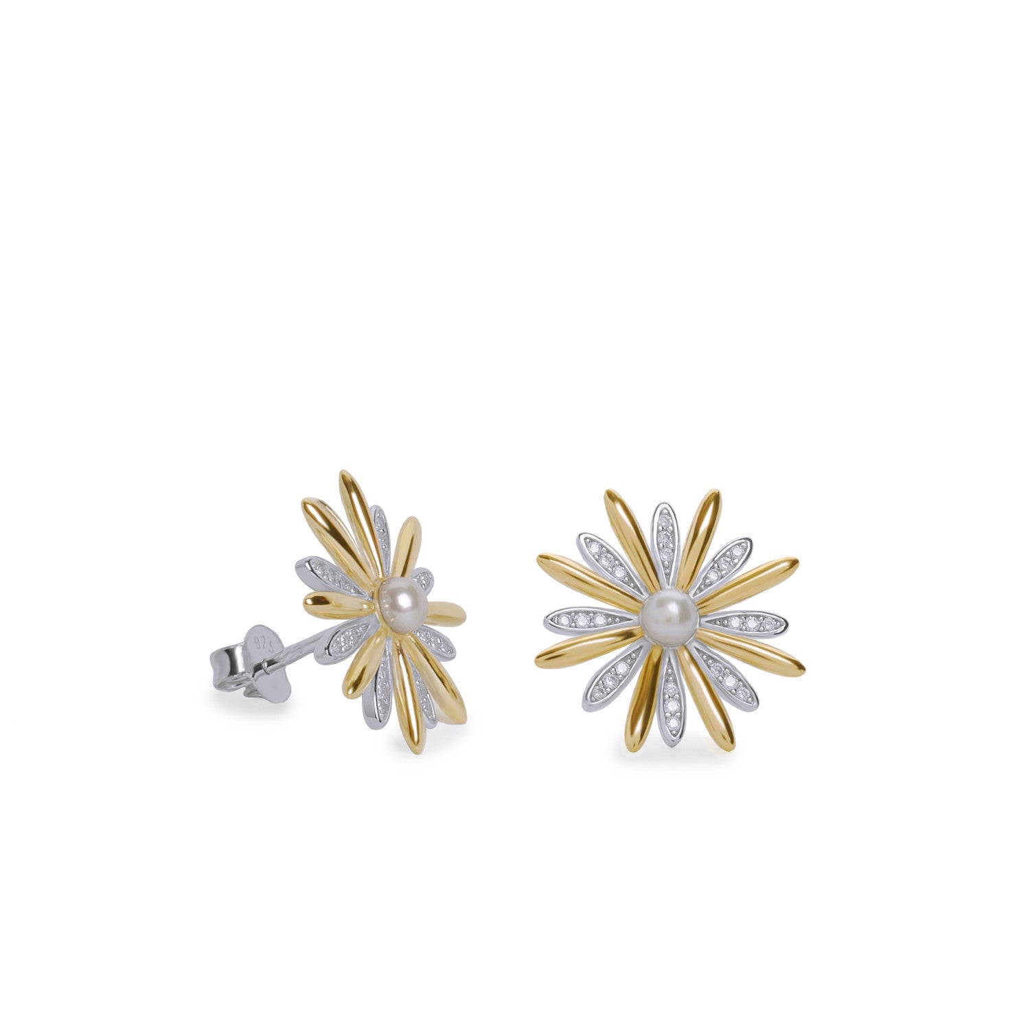 Pendientes bicolor de plata con diseño floral