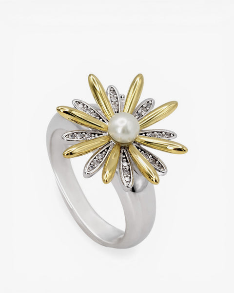 Anillos bicolor de plata con diseño floral