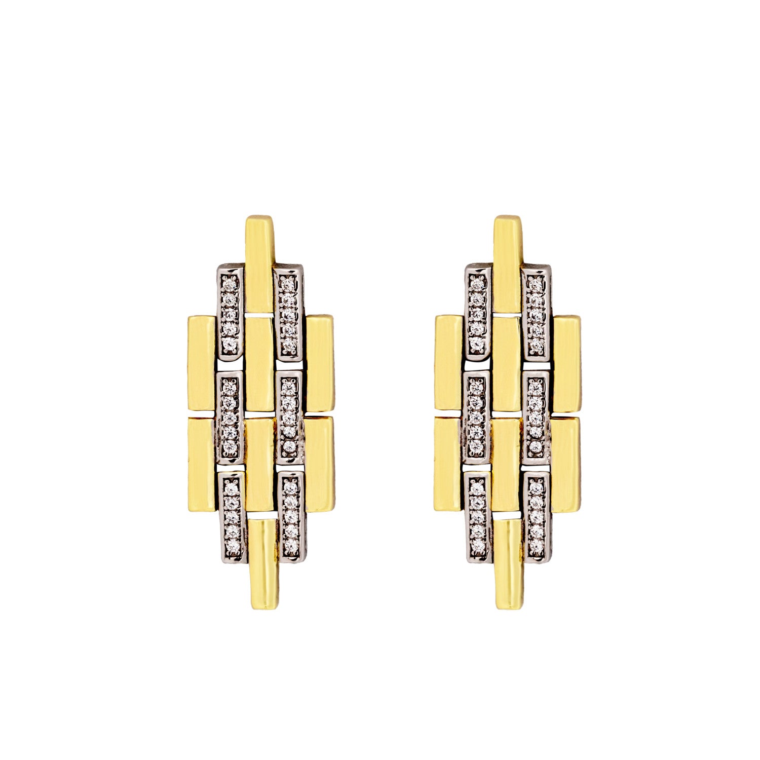 Two-tone silver earrings with a mobile structure and cubic zirconia