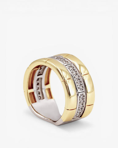 Two-tone silver ring with a textured pattern and cubic zirconia