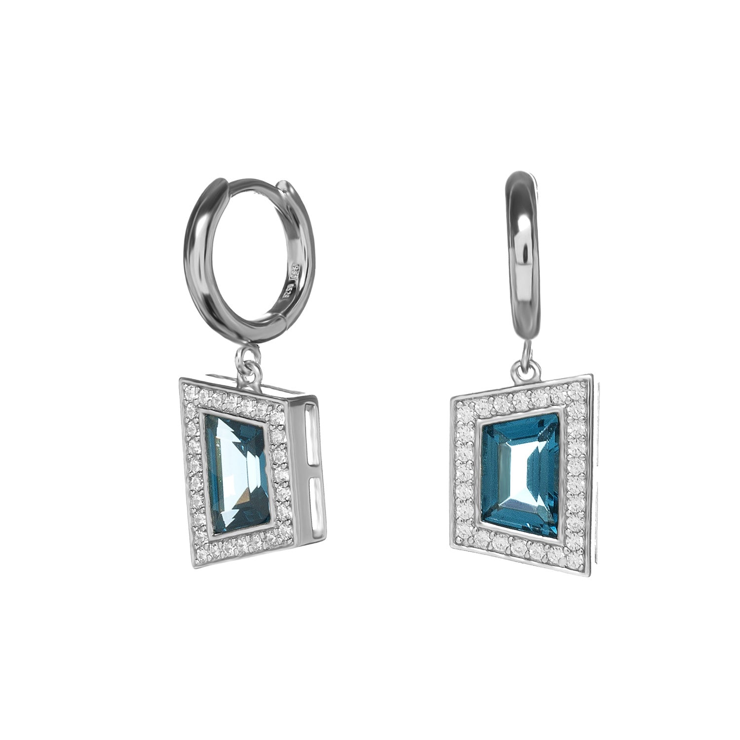 Boucles d'oreilles en argent avec zircon cubique bleu et halo de zircon cubique