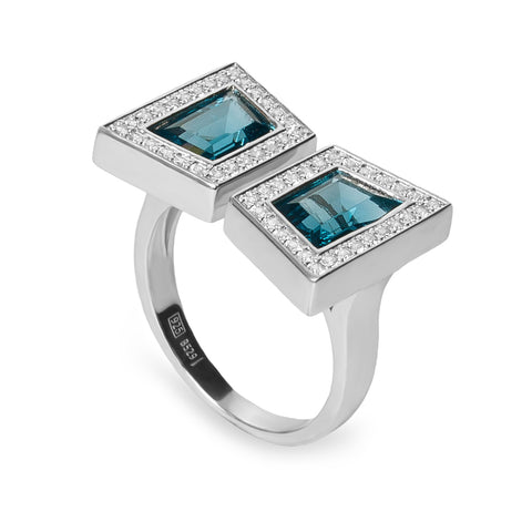 Anillo doble de plata con circonitas azul y halo de circonitas