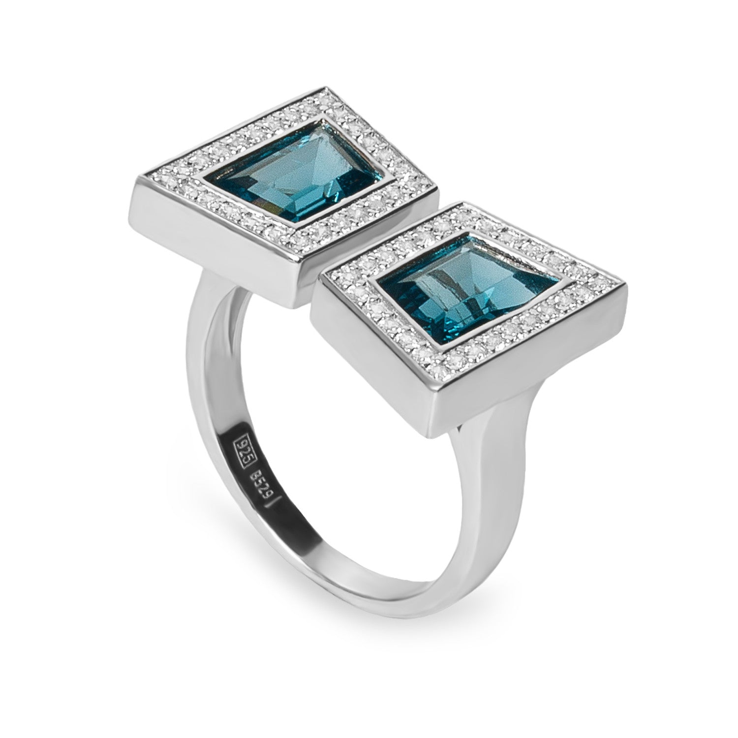 Bague double en argent avec zircon cubique bleu et un halo de zircon cubique