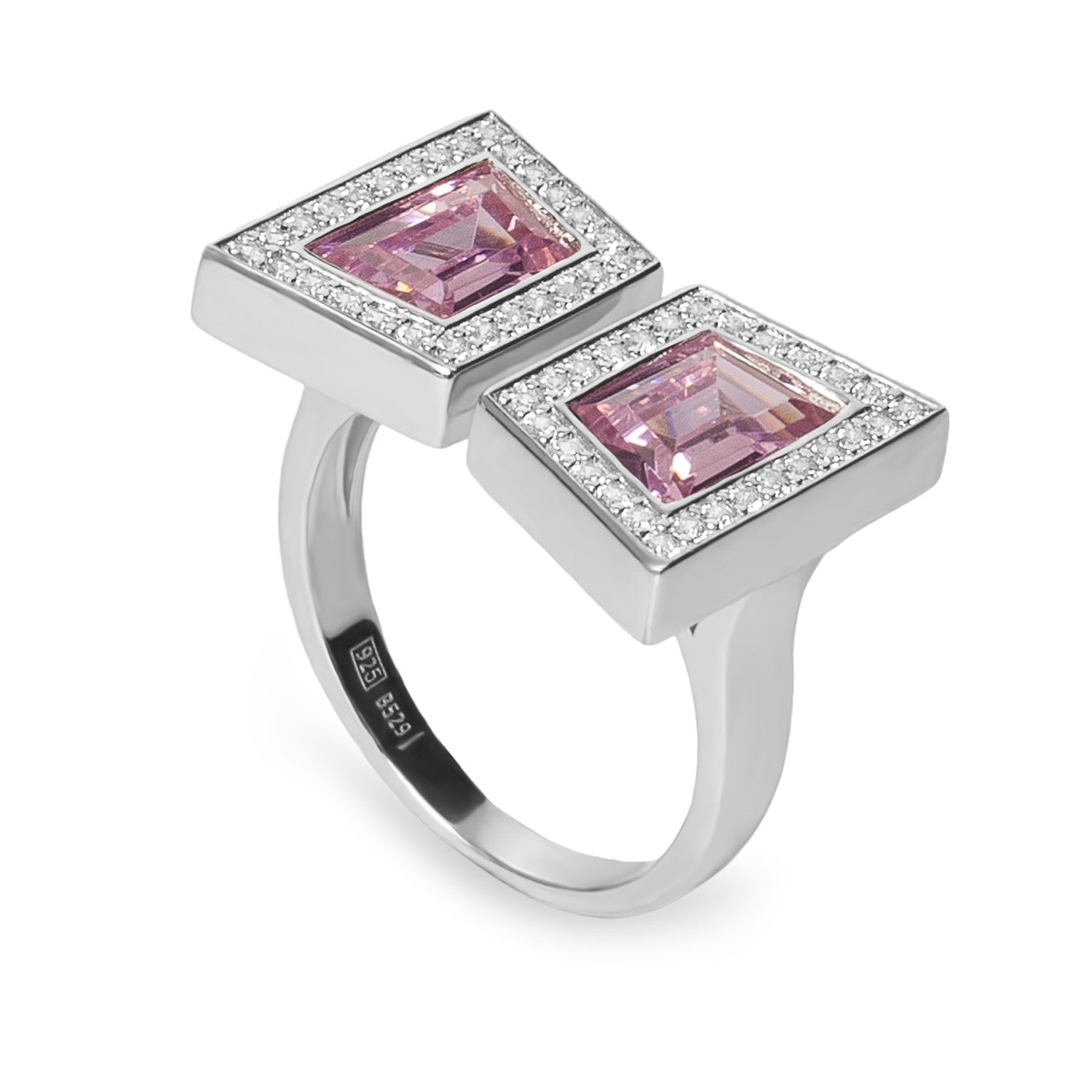 Bague double en argent avec zircon cubique rose et halo de zircon cubique
