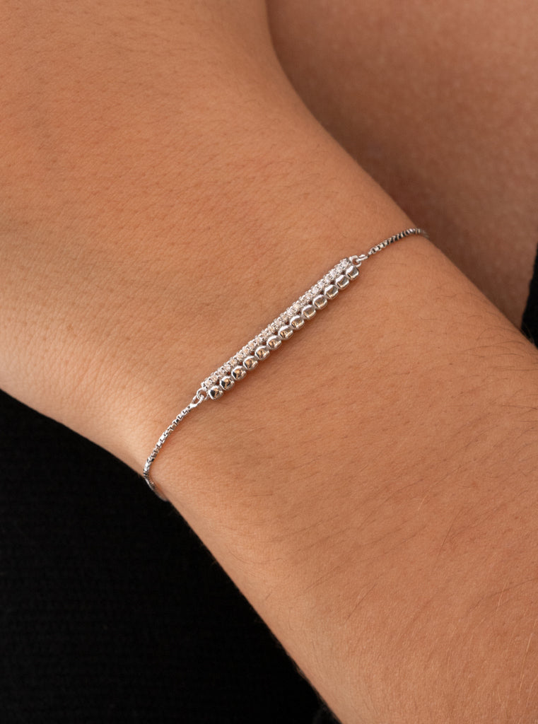 Pulsera fina de plata doble rectangular con circonita