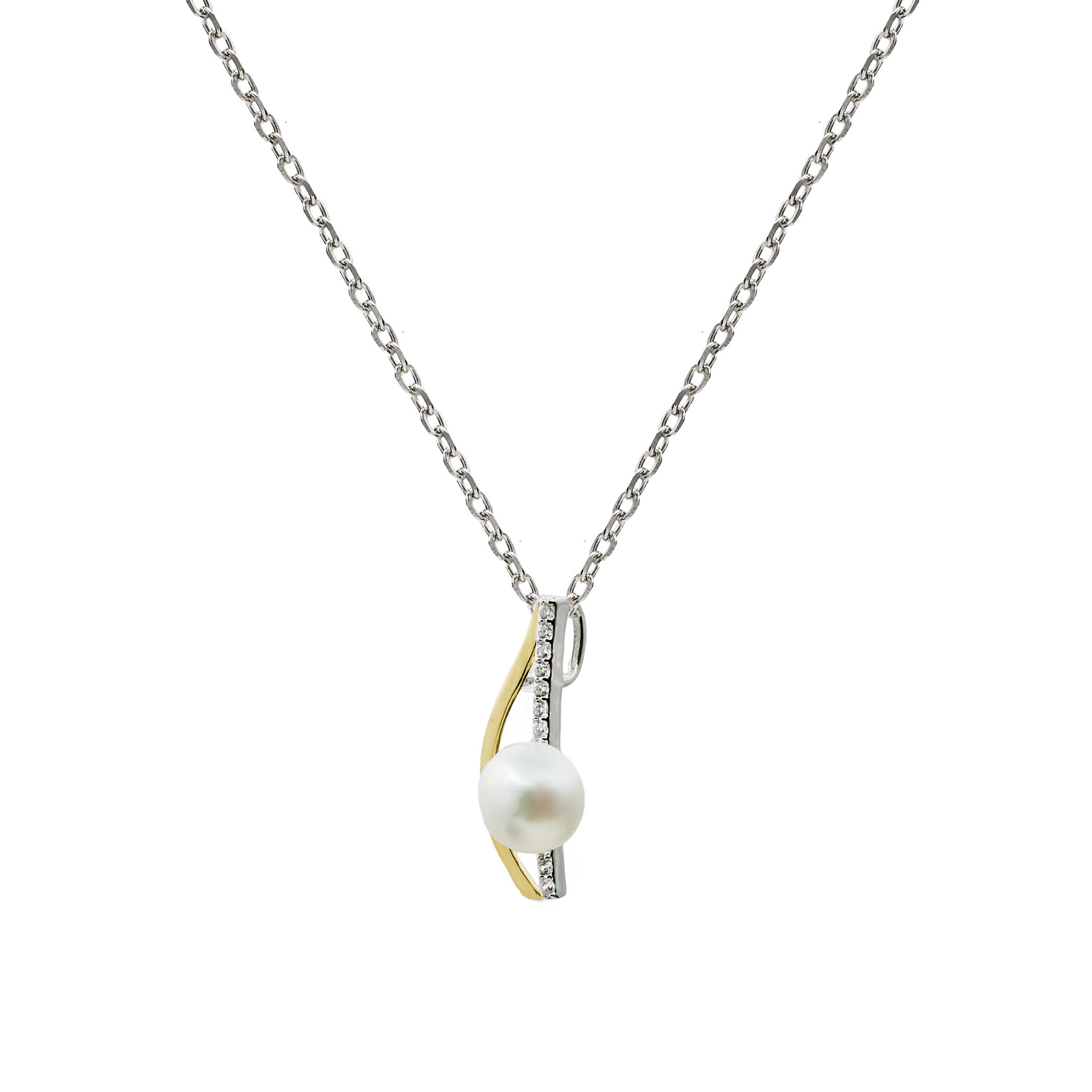 Necklace with silver pearl and cubic zirconia, minimalist and elegant design