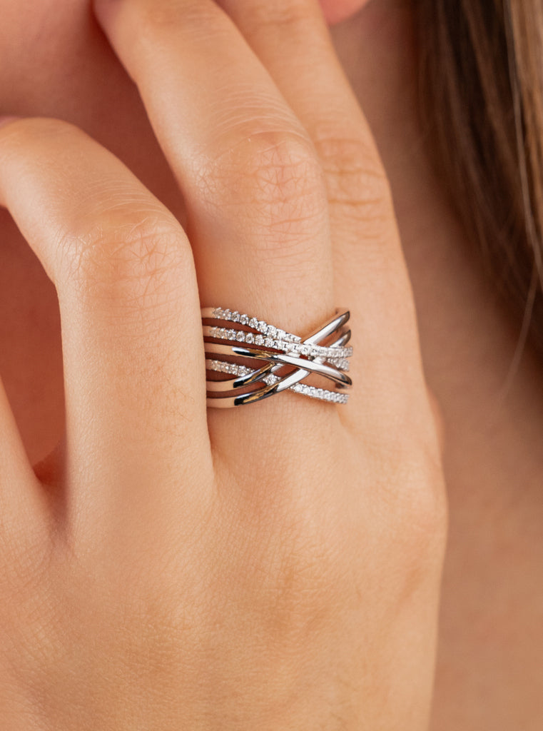 Anillos circonitas diseño múltiples carriles de plata